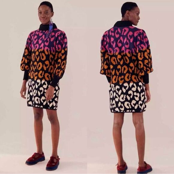 NWT/small/Farm Rio Striped Leopard-Pattern Sweater dress - Picture 1 of 11